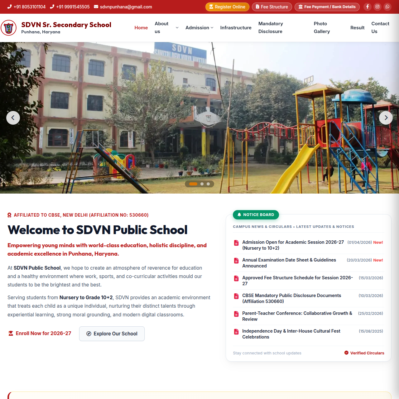 SDVN Sr. Secondary School Website Preview